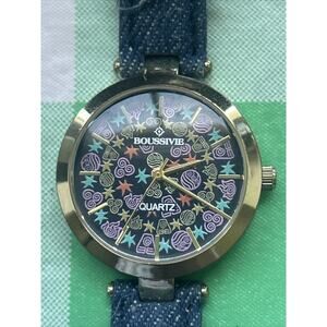 Boussivie Gold Tone Multicolored Dial Denim Band Womens Quartz Watch